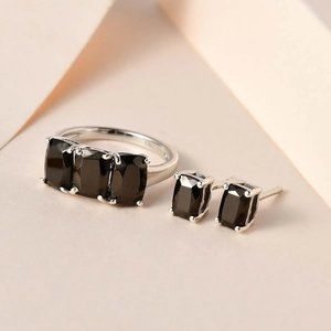NEW Shungite Earrings & 3 Stone Ring (Size 10) in Platinum Over Sterling Silver